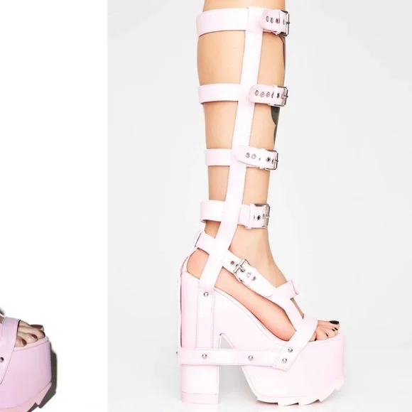 Y.r.u Baby Nightcall Hi Platform Heels pink buckled straps bondage y2k dollskill - Picture 3 of 4